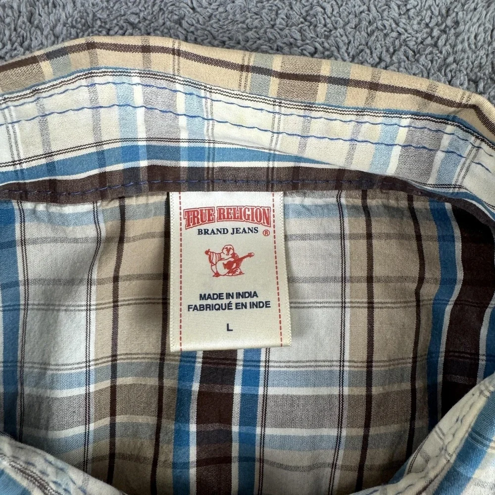 True Religion‎ Shirt Mens Large Brown Blue Plaid Western Pearl Snap Long Sleeve